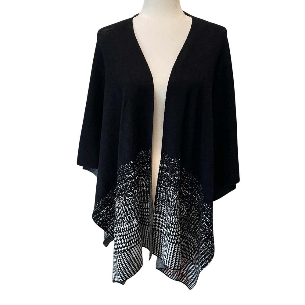 Ming Wang Sweater Wrap Shawl Cape OS Black White Houndstooth Knit Open Front